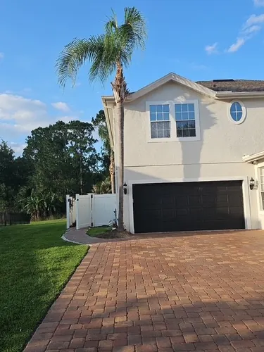 Front view of the trimmed driveway palms in Clermont