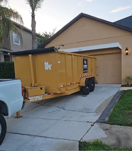 Wide view of the Bay Hill yard with trimmed palms and the on-site dumpster